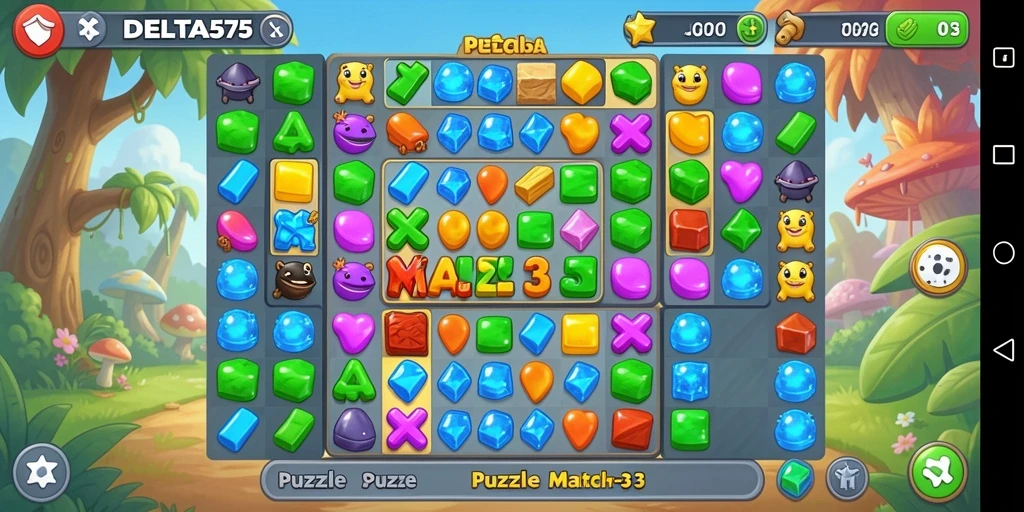 Tampilan antarmuka game DELTA575 yang menarik dan penuh warna.