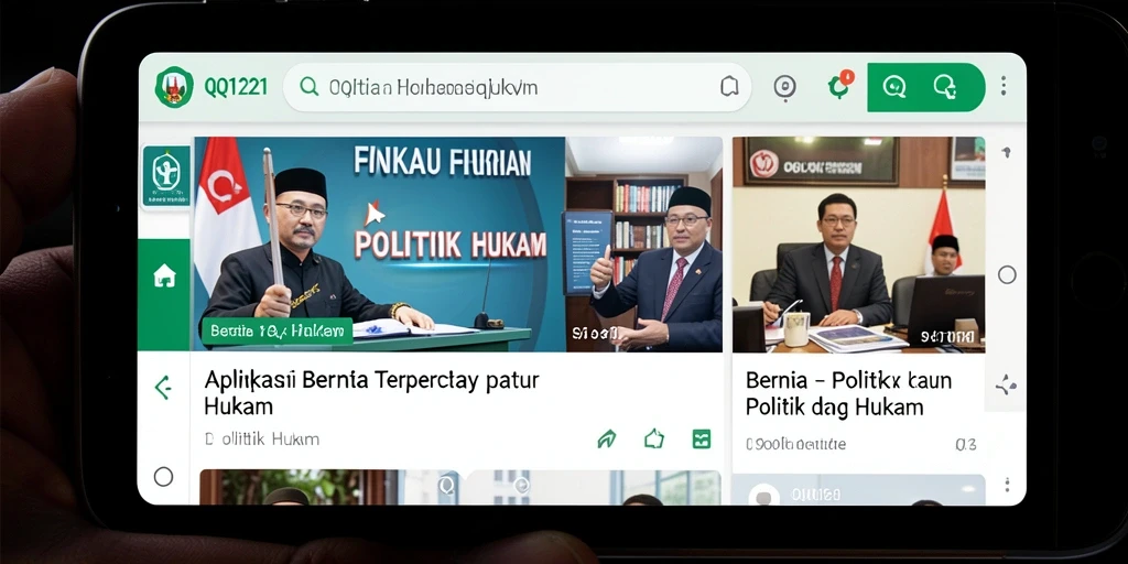 Antarmuka aplikasi QQ1221 menampilkan berita politik dan hukum yang menarik.
