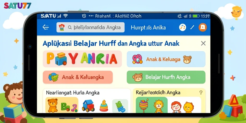 Tampilan antarmuka SATU77 yang interaktif untuk belajar huruf dan angka.