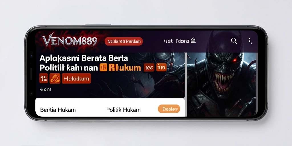 Antarmuka aplikasi VENOM889 menampilkan berita politik dan hukum terkini.